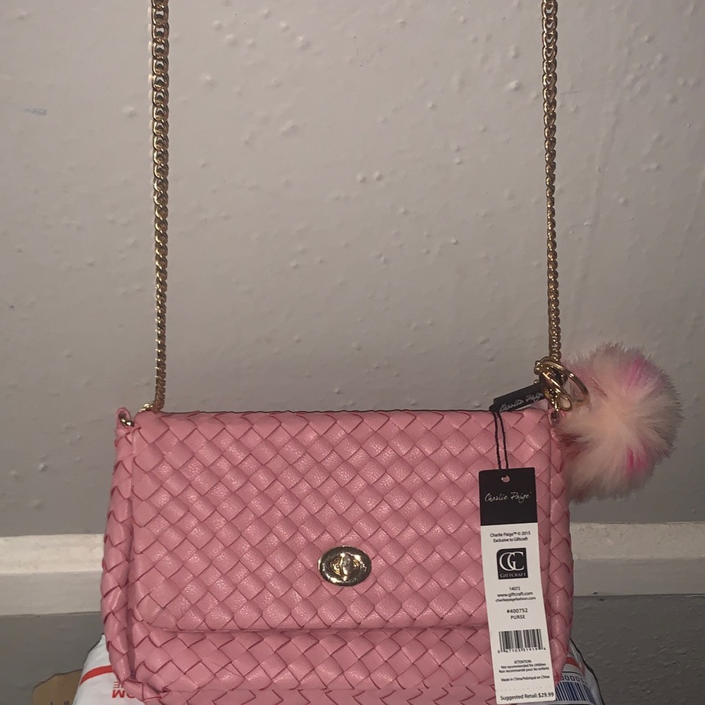 Charlie Paige Pink Woven Crossbody with Gold Chain with bag charm